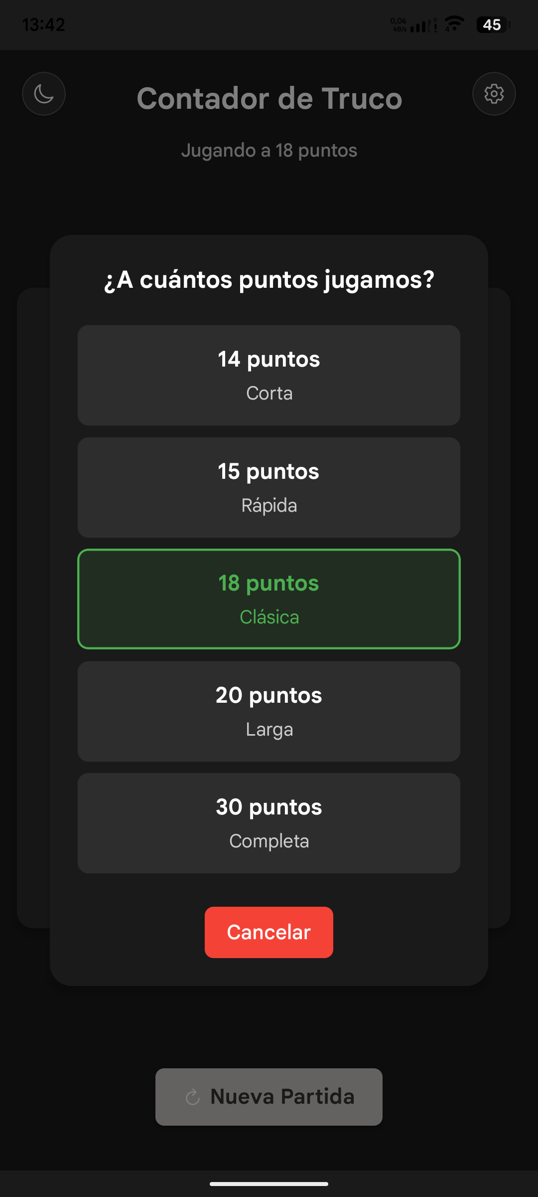 Selección de modalidad de puntos